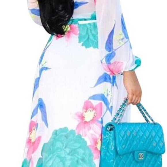 Womens Chiffon Deep V-Neck Stripe Printed Maxi Dress Unique Loose Summer Boho Dr - Picture 2 of 5